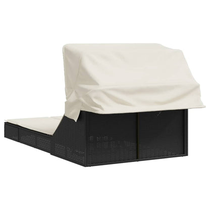 Double sun lounger with canopy and cushions in black poly rattan