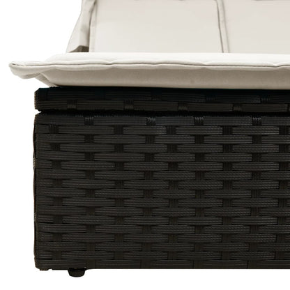 Double sun lounger with canopy and cushions in black poly rattan