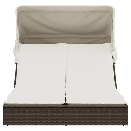 Double sun lounger with canopy and cushions in brown poly rattan