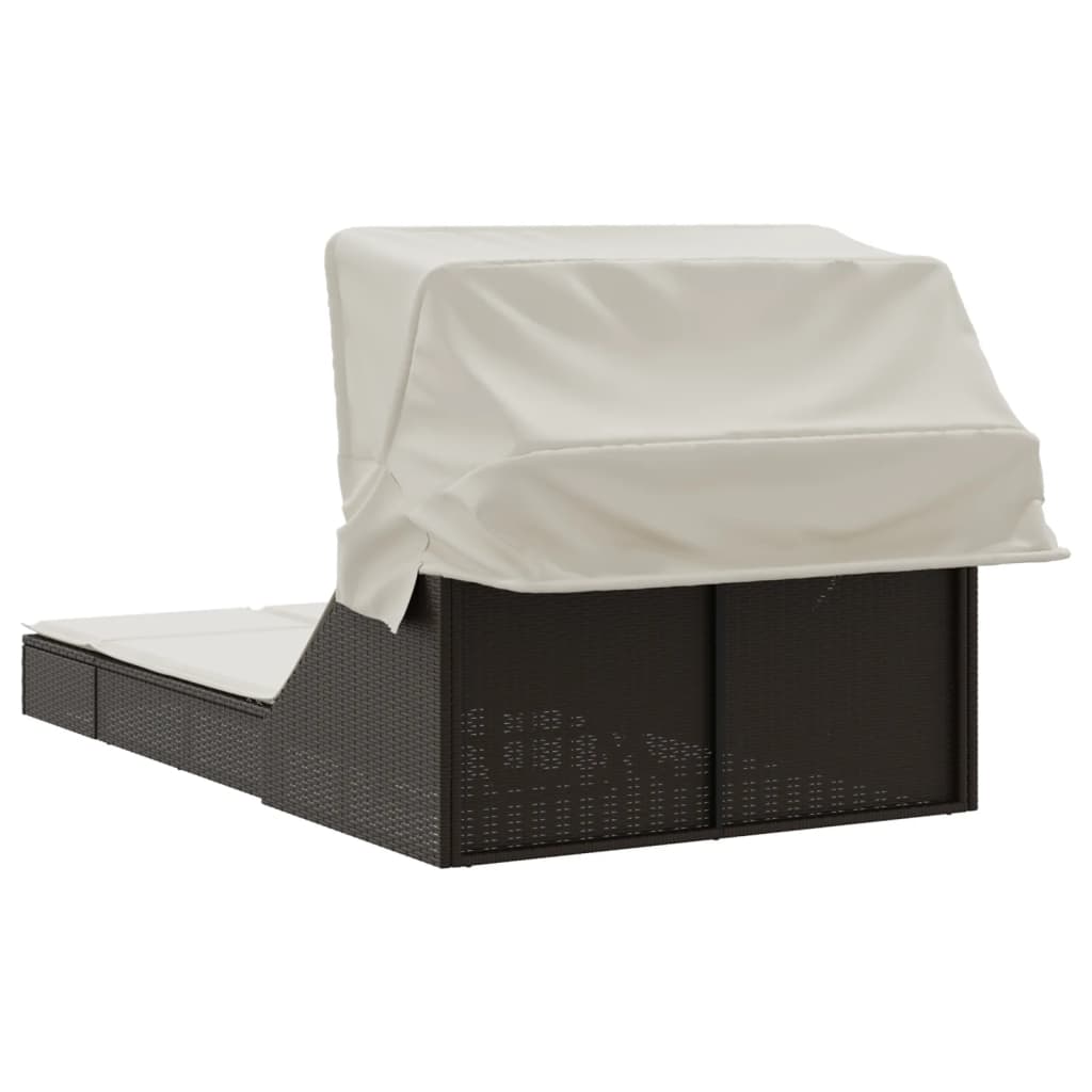 Double sun lounger with canopy and cushions in brown poly rattan
