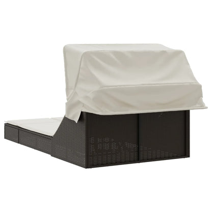Double sun lounger with canopy and cushions in brown poly rattan