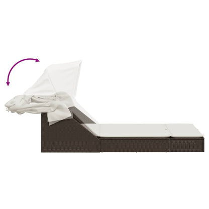 Double sun lounger with canopy and cushions in brown poly rattan