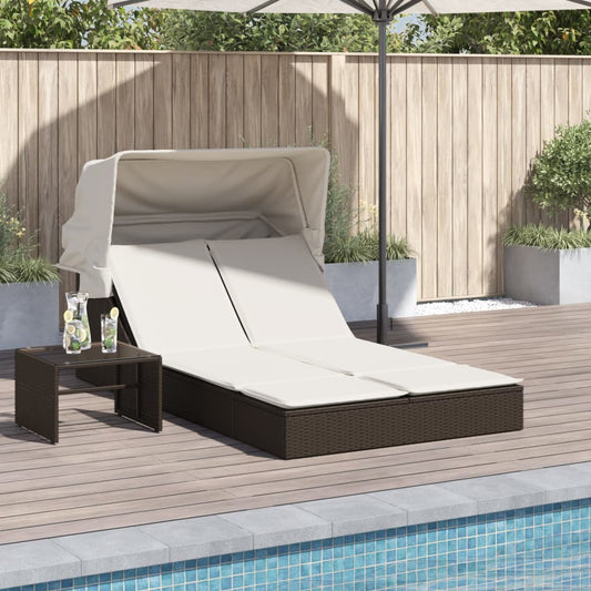 Double sun lounger with canopy and cushions in brown poly rattan