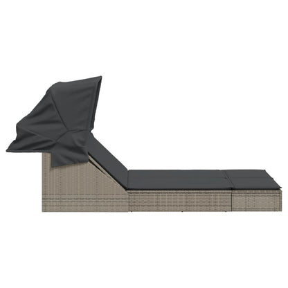 Double sun lounger with canopy and cushions in grey poly rattan