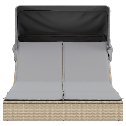 Double sun lounger with canopy and cushions in beige PE wicker