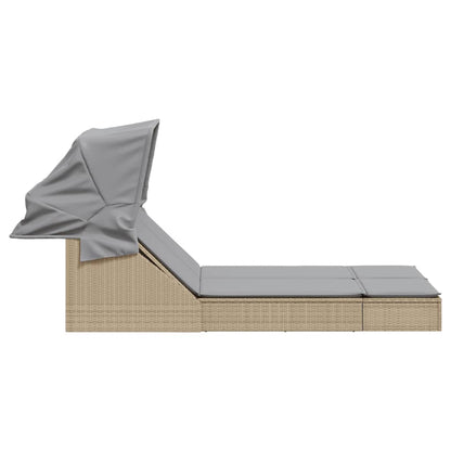 Double sun lounger with canopy and cushions in beige PE wicker