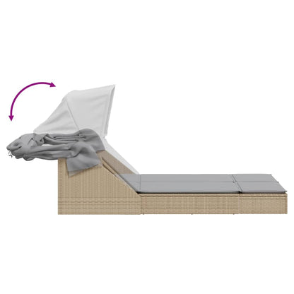Double sun lounger with canopy and cushions in beige PE wicker