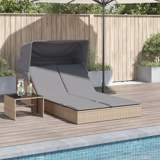 Double sun lounger with canopy and cushions in beige PE wicker