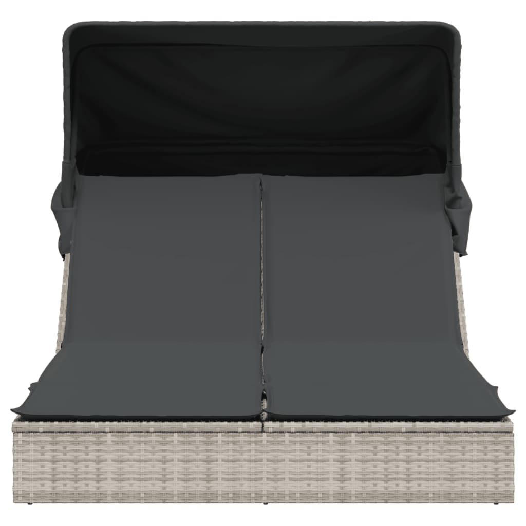 Double sun lounger with canopy and cushions in light grey PE wicker