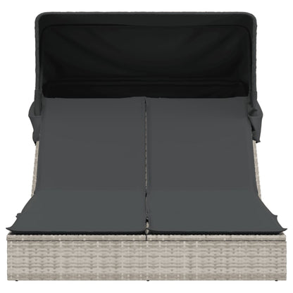 Double sun lounger with canopy and cushions in light grey PE wicker