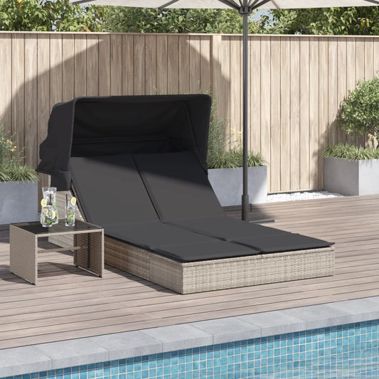 Double sun lounger with canopy and cushions in light grey PE wicker