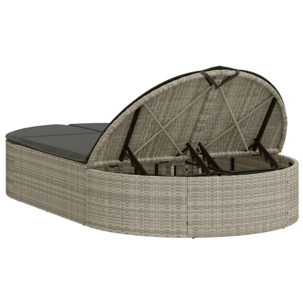 Double sun lounger with cushions in light grey poly rattan