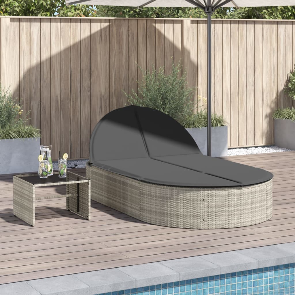 Double sun lounger with cushions in light grey poly rattan