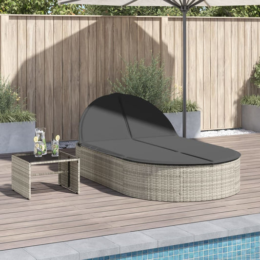 Double sun lounger with cushions in light grey poly rattan