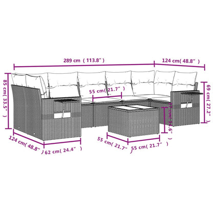 8 pcs conjunto sofás de jardim c/ almofadões vime PE castanho