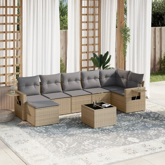 8 pcs conjunto de sofás p/ jardim com almofadões vime PE bege