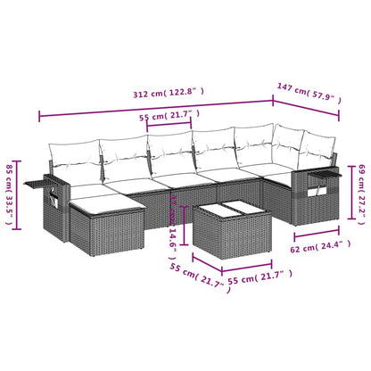 8 pcs conjunto sofás de jardim c/ almofadões vime PE castanho
