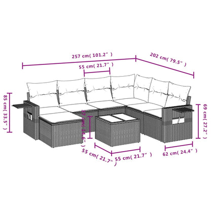 8 pcs conjunto de sofás p/ jardim com almofadões vime PE bege