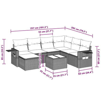 8 pcs conj. sofás jardim c/ almofadões vime PE cinzento-claro