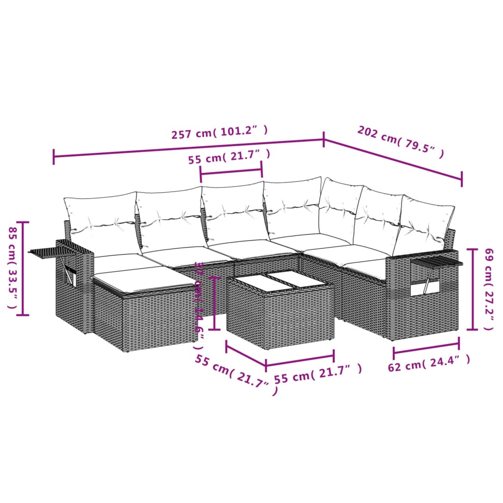 8 pcs conjunto sofás de jardim c/ almofadões vime PE castanho