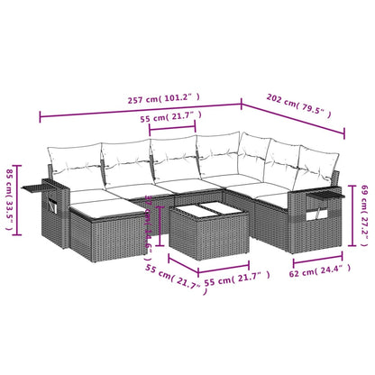 8 pcs conjunto sofás de jardim c/ almofadões vime PE castanho
