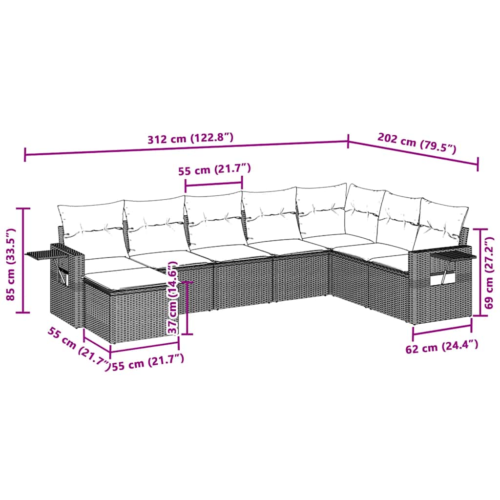 8 pcs conj. sofás jardim c/ almofadões vime PE cinzento-claro