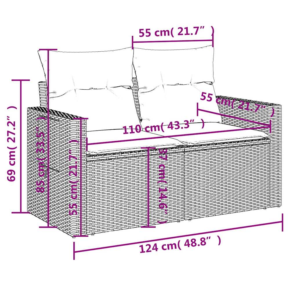 8 pcs conj. sofás jardim c/ almofadões vime PE cinzento-claro
