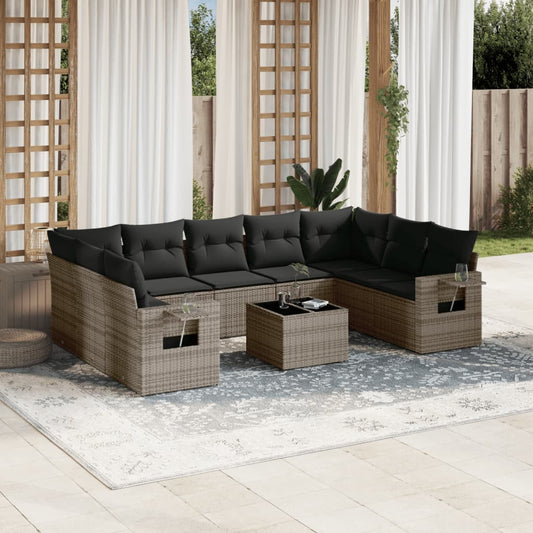 10 pcs conjunto sofás de jardim c/ almofadões vime PE cinzento
