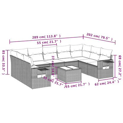 10 pcs conj. sofás jardim com almofadões vime PE cinzento-claro