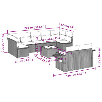 10 pcs conjunto de sofás p/ jardim com almofadões vime PE bege