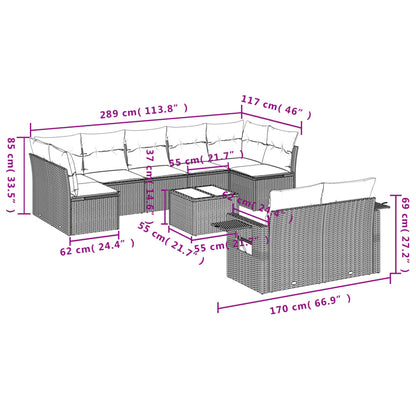 10 pcs conjunto sofás de jardim c/ almofadões vime PE cinzento