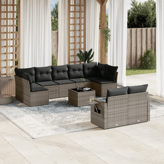 10 pcs conjunto sofás de jardim c/ almofadões vime PE cinzento