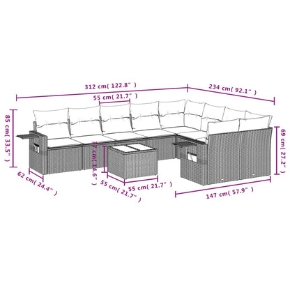 10 pcs conjunto de sofás p/ jardim com almofadões vime PE bege