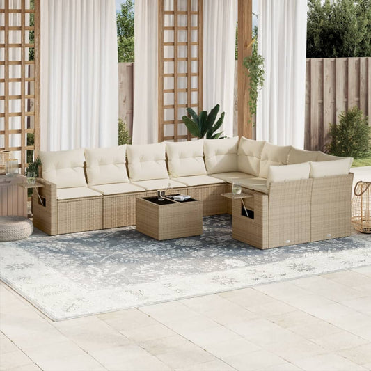 10 pcs conjunto de sofás p/ jardim com almofadões vime PE bege
