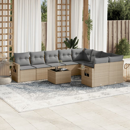 10 pcs conjunto de sofás p/ jardim com almofadões vime PE bege