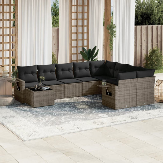 10 pcs conjunto sofás de jardim c/ almofadões vime PE cinzento