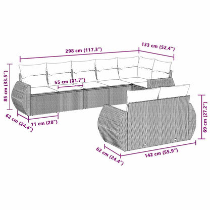 8 pcs conj. sofás jardim c/ almofadões vime PE cinzento-claro