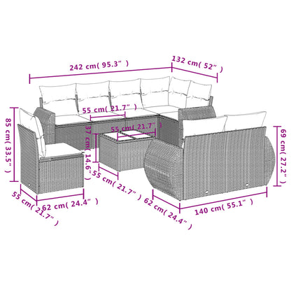 8 pcs conjunto sofás de jardim c/ almofadões vime PE castanho