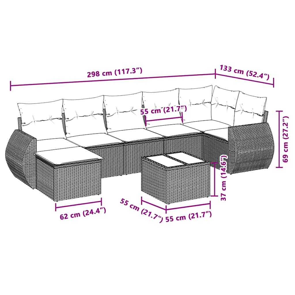 8 pcs conj. sofás jardim c/ almofadões vime PE cinzento-claro