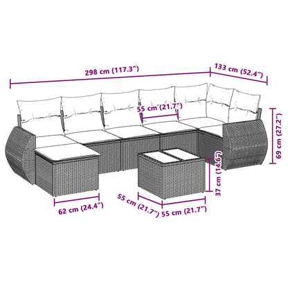 8 pcs conj. sofás jardim c/ almofadões vime PE cinzento-claro