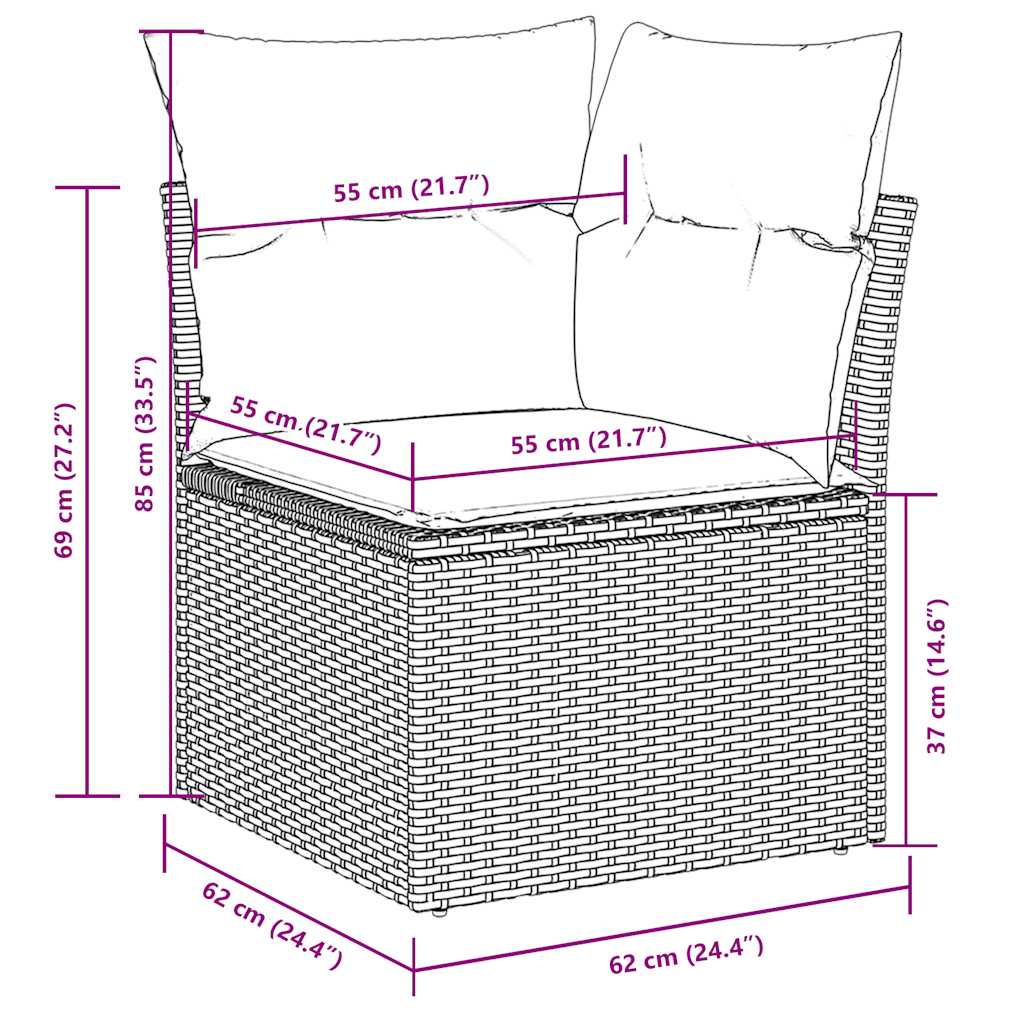 8 pcs conj. sofás jardim c/ almofadões vime PE cinzento-claro