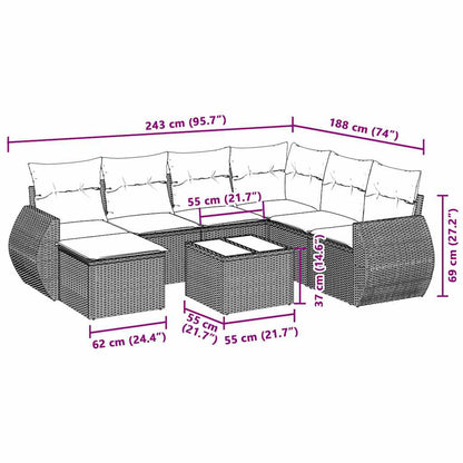 8 pcs conj. sofás jardim c/ almofadões vime PE cinzento-claro