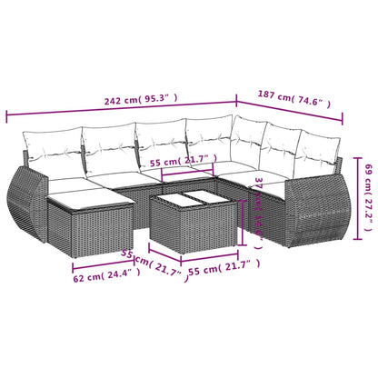 8 pcs conjunto sofás de jardim c/ almofadões vime PE castanho