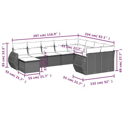 10 pcs conjunto de sofás p/ jardim com almofadões vime PE bege