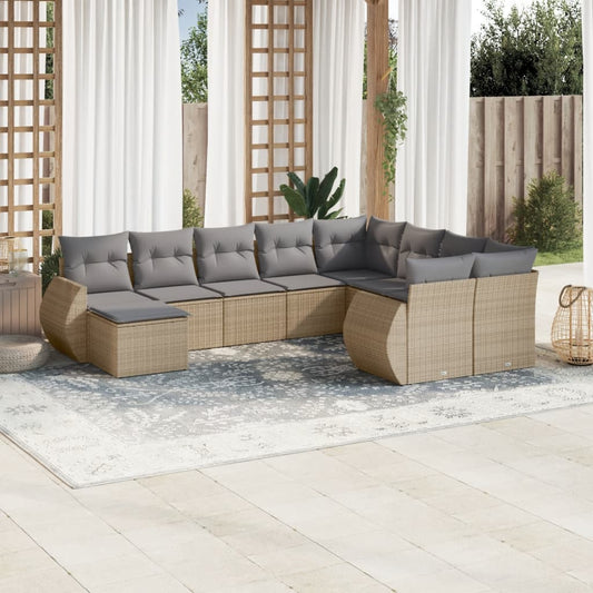 10 pcs conjunto de sofás p/ jardim com almofadões vime PE bege