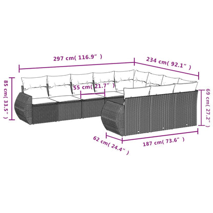 10 pcs conjunto de sofás p/ jardim com almofadões vime PE bege