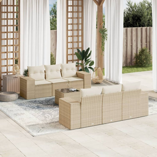 7 pcs conjunto de sofás p/ jardim com almofadões vime PE bege