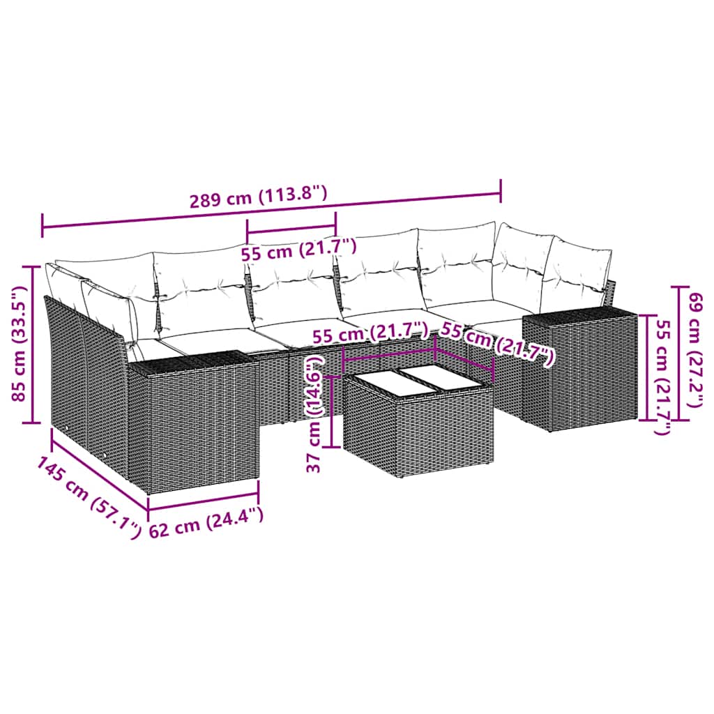 8 pcs conj. sofás jardim c/ almofadões vime PE cinzento-claro