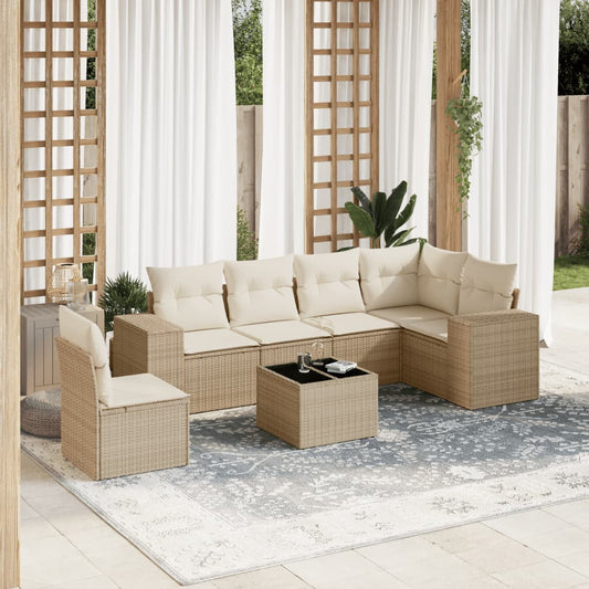 7 pcs conjunto de sofás p/ jardim com almofadões vime PE bege