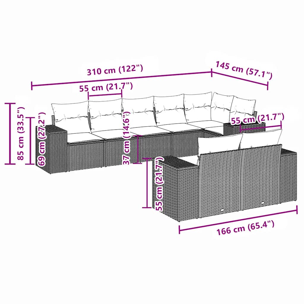 8 pcs conj. sofás jardim c/ almofadões vime PE cinzento-claro